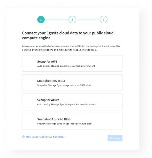 Screenshot showing connection of Egnyte cloud data to public cloud compute engine