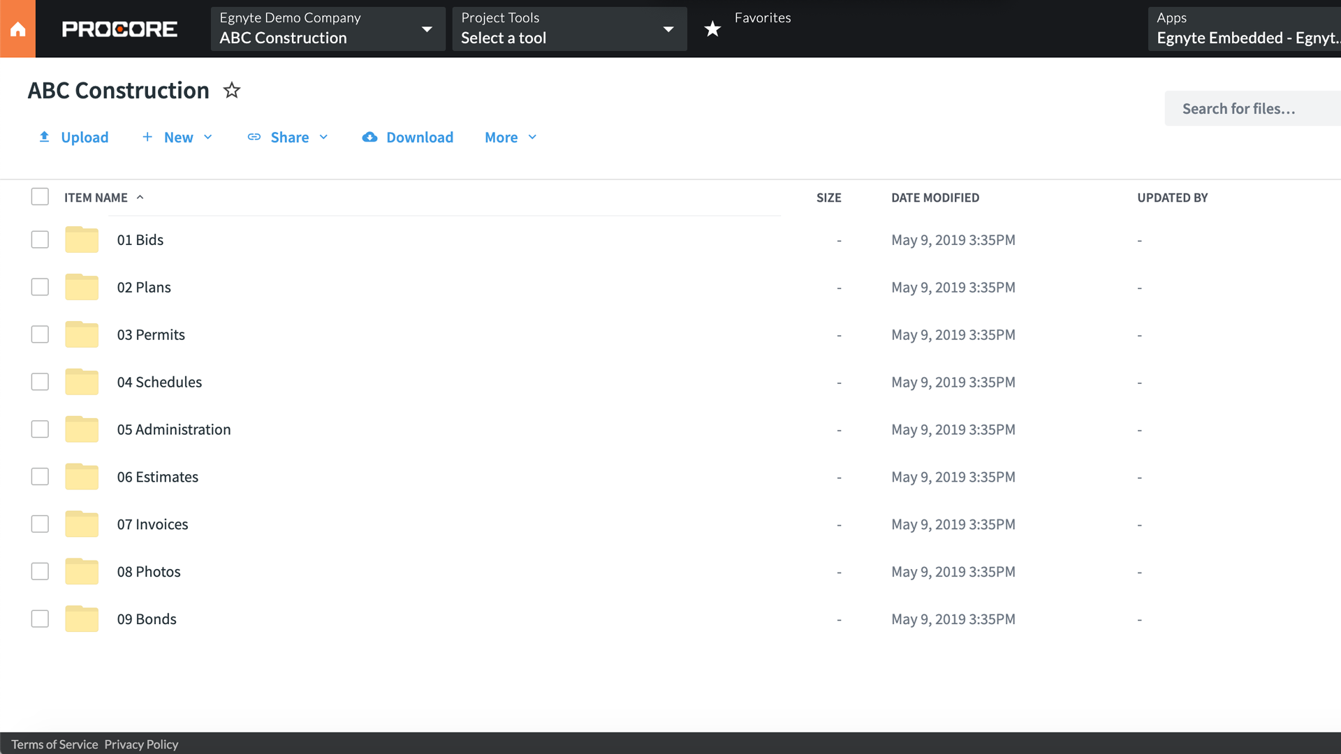 dashboard showing procore projects with the corresponding egnyte folders and documents