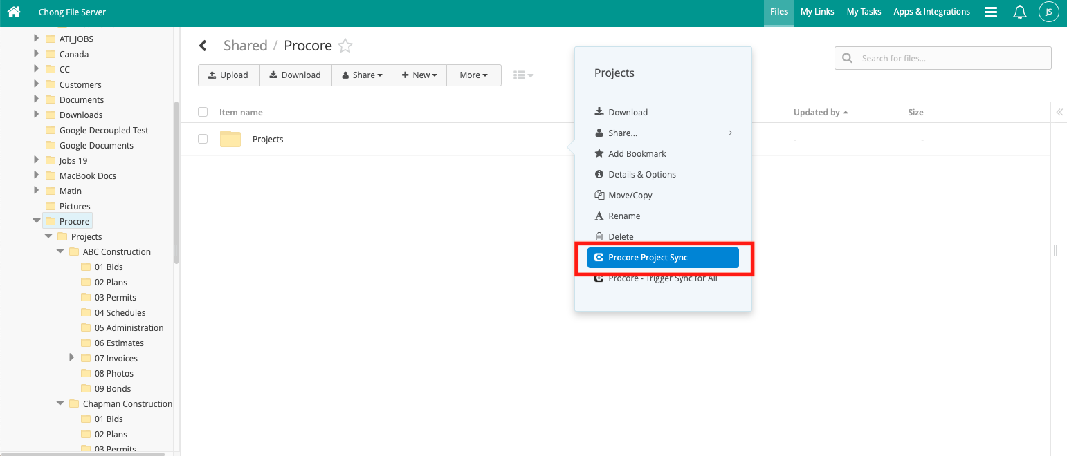 dashboard showing how to sync procore documents to egnyte